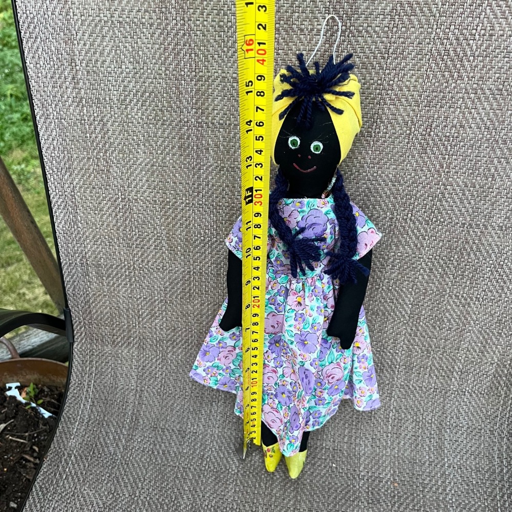 Vintage Venezuelan Folk Art Cloth Doll Handmade Floral Dress Yellow Headwrap 16"